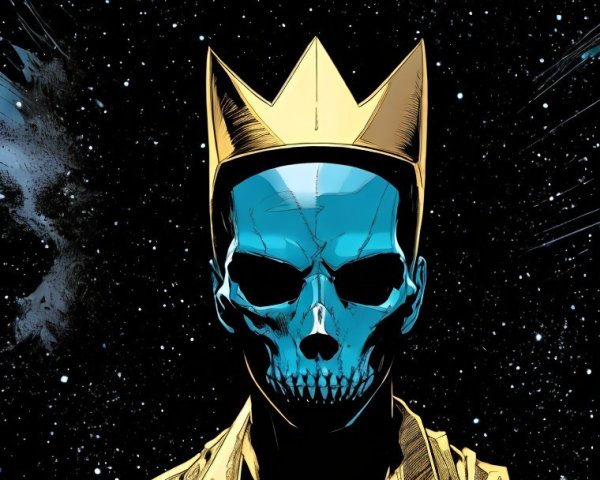 Stylized Figure with Blue Skull and Golden Crown