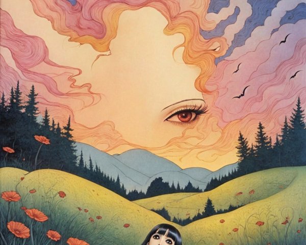 Woman on Grass with Dramatic Red Eye in Sky