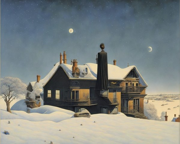Solitary Figure Overlooks Snowy House with Moons