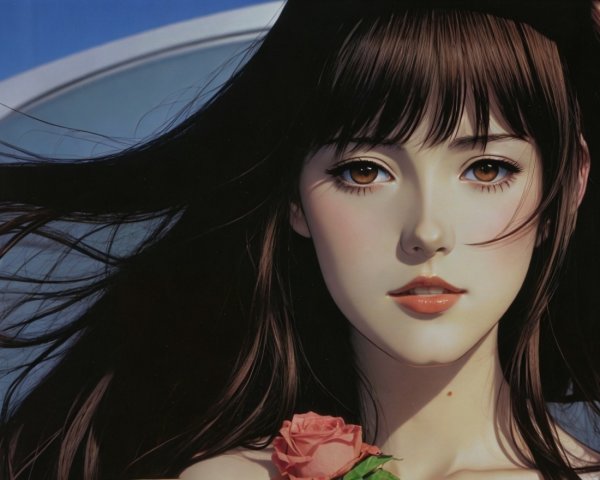 Digital Portrait of Young Woman with Rose and Sky
