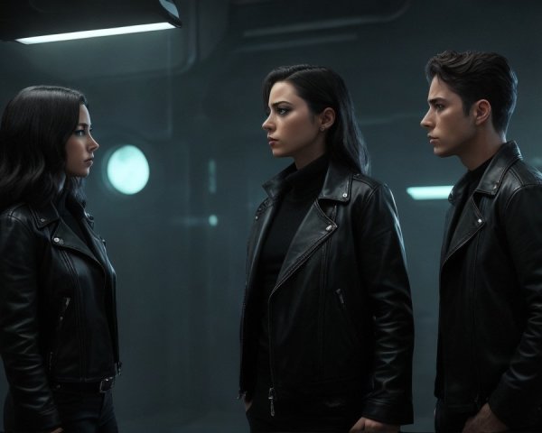 Three Individuals in Black Jackets in Dim Lighting