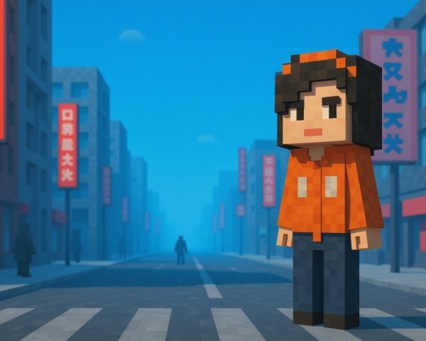 Pixel-Art Character in a Vibrant Urban Setting