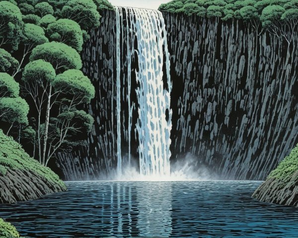 Stylized Illustration of a Waterfall Surrounded by Foliage