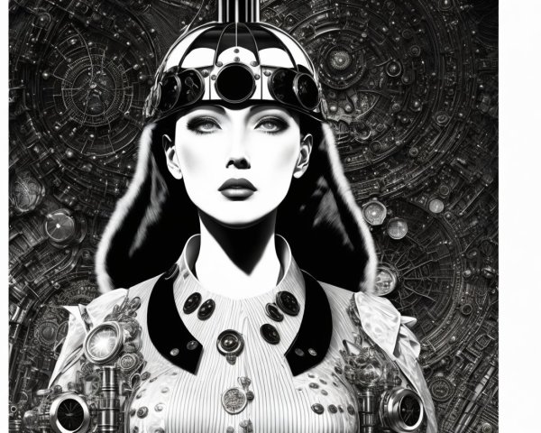 Futuristic Black-and-White Portrait of a Female Figure