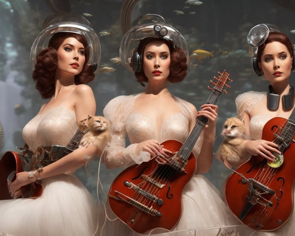 Elegant Women in Vintage Gowns Underwater with Instruments