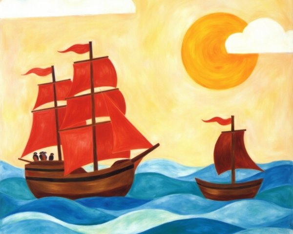 Vibrant Painting of Sailing Ships on Colorful Waves