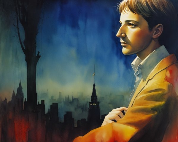 Contemplative Figure Overlooks Cityscape at Twilight