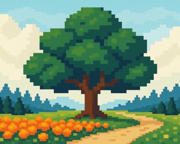 Pixel Art Landscape with Oak Tree and Flowers