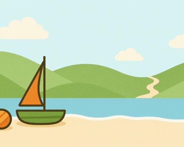 Serene beach scene with sailboat and green hills