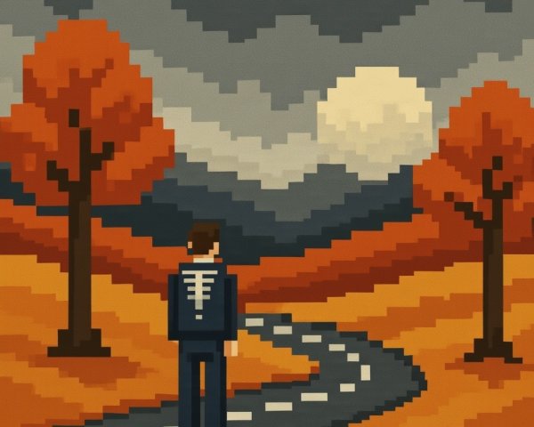 Pixel Art Scene of Suit Figure on Winding Autumn Road