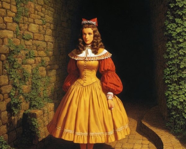 Young girl in vibrant dress in stone corridor with ivy