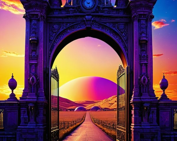 Ornate Archway Under Dramatic Sunset and Planet