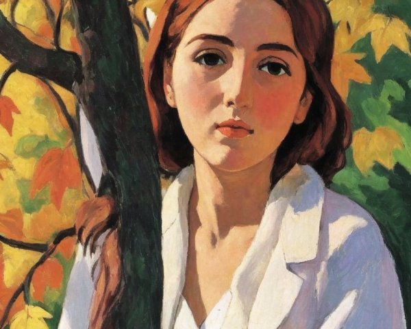 Young woman with red hair beside autumn tree