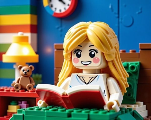 Cheerful LEGO figure reading in a colorful room