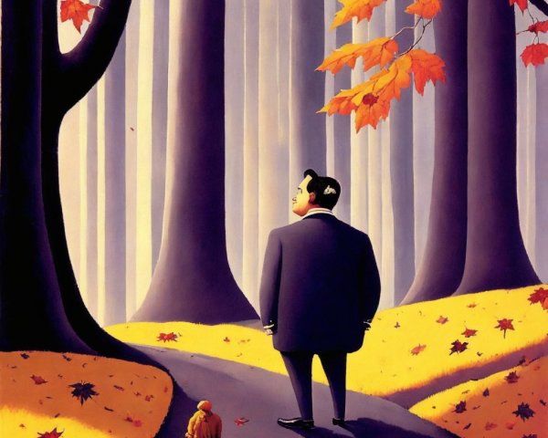 Suited Man and Child on Autumn Forest Path