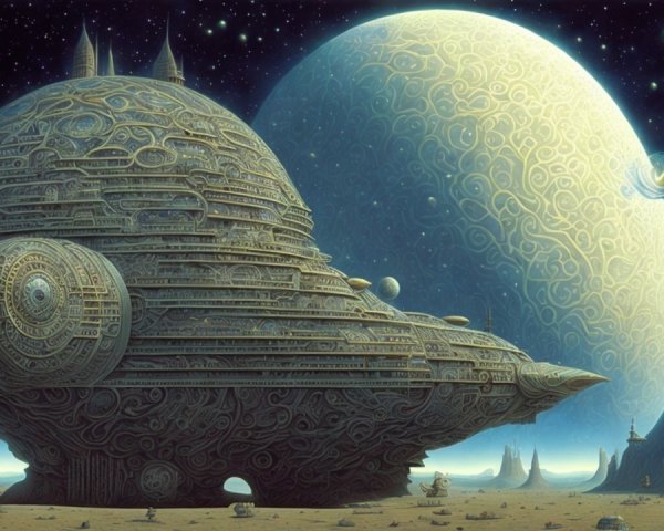 Futuristic Snail-Shaped Spaceship on Rocky Landscape