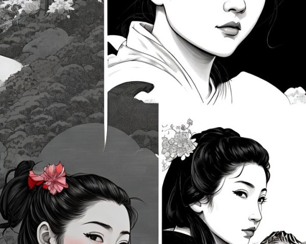 Triptych of Traditional Japanese Portraits with Landscapes