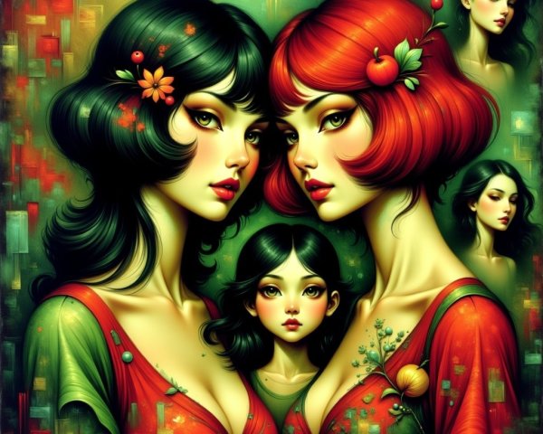 Surreal Artwork of Three Women in Colorful Outfits