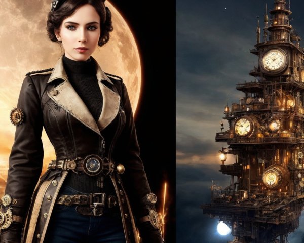 Steampunk Scene with Woman and Clock Tower Under Moon