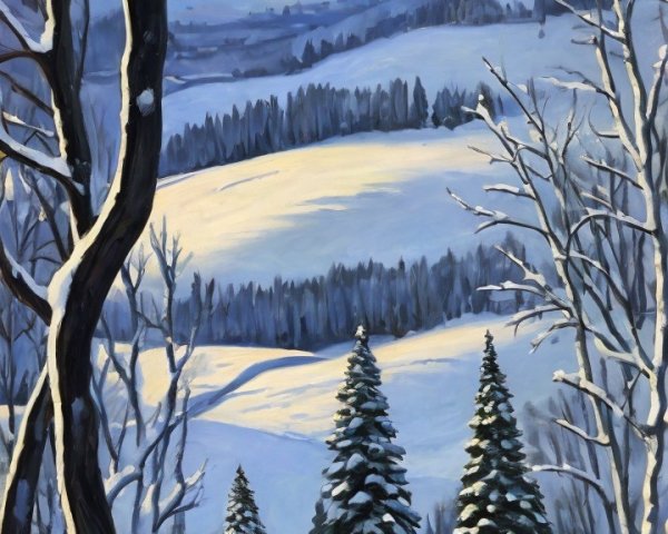 Serene Winter Landscape with Dog and Snowy Hills