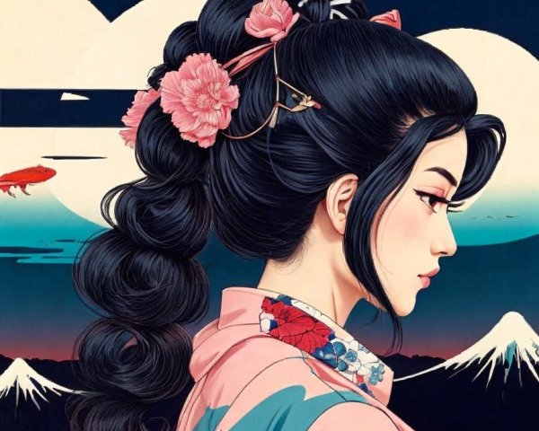 Profile of a woman in a floral-patterned kimono