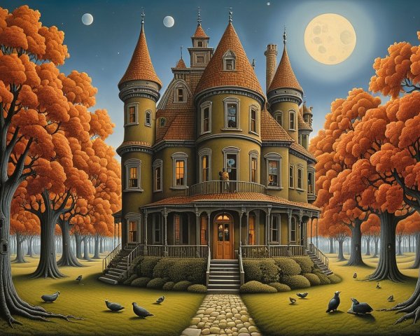 Whimsical Mansion Surrounded by Autumn Foliage