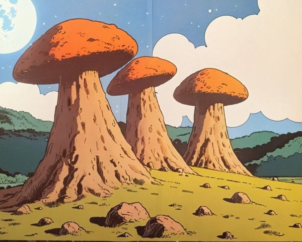 Whimsical Mushroom Structures in Lush Green Landscape