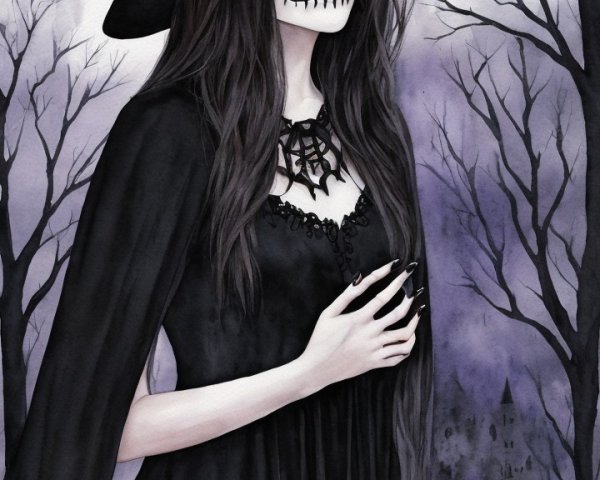 Mysterious Figure in Dark Landscape with Pumpkins and Bats