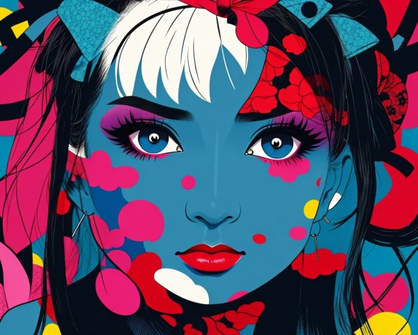 Colorful Graphic Art of Woman with Blue Skin and Bold Makeup
