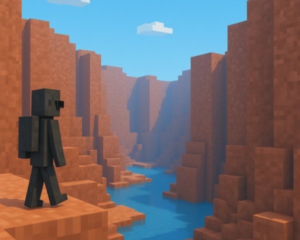 Blocky Character Overlooks Serene Canyon Landscape