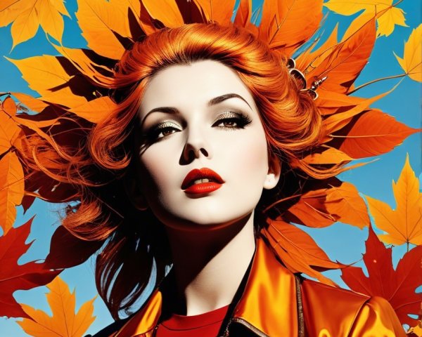 Portrait of a Woman with Red Hair and Autumn Leaves