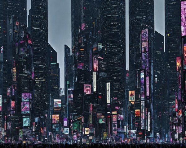 Futuristic cityscape with neon skyscrapers and crowds