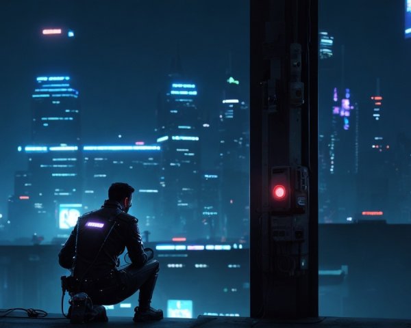 Futuristic cityscape with neon lights and skyscrapers
