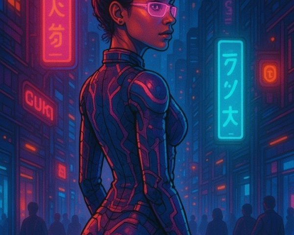 Futuristic Woman in Neon-Lit Cityscape Setting
