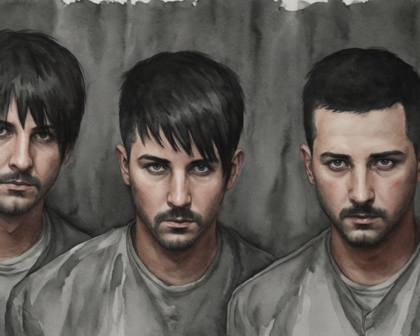 Watercolor Painting of Three Intense Male Figures