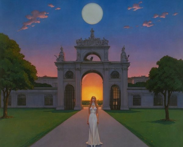 Woman in White Dress by Moonlit Archway at Sunset