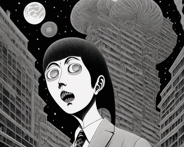 Monochromatic Character in Surreal Cityscape Scene