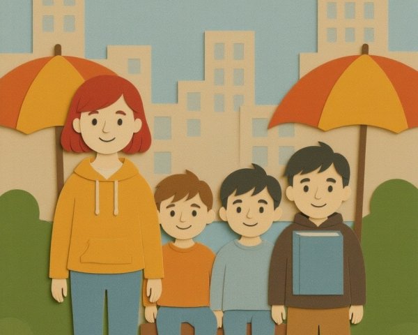 Colorful Paper-Cut Illustration of Woman and Boys in Park