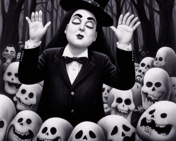 Eerie Forest Scene with Skull-Faced Figures and Conductor