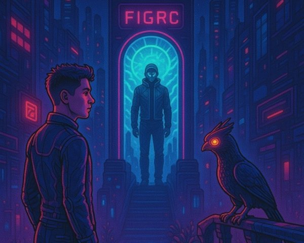 Futuristic cityscape with glowing portal and owl