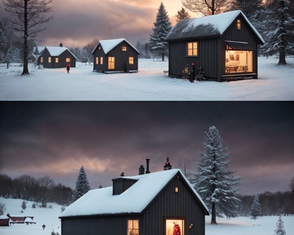 Snowy Landscape with Wooden Houses and Dramatic Sky