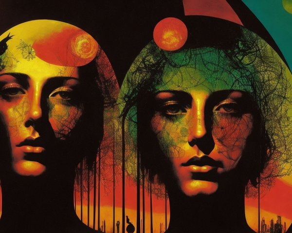Stylized Faces with Nature and Celestial Designs