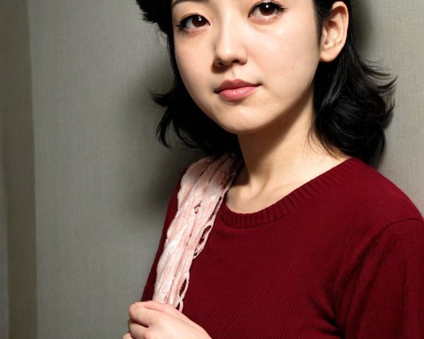 Young woman in burgundy shirt with pink scarf