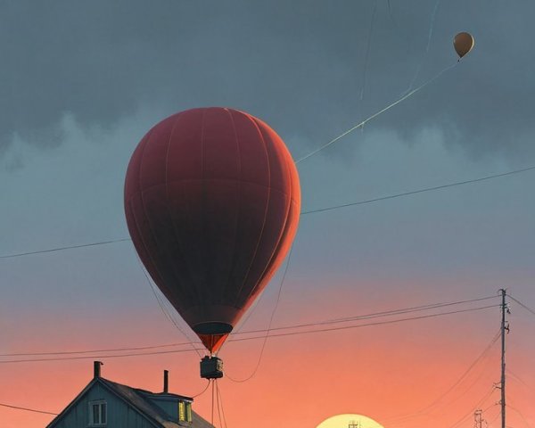 Vibrant Sunset Over Serene Landscape with Balloons