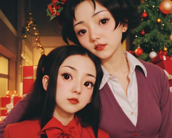 Anime Women by Christmas Tree with Red Ornaments