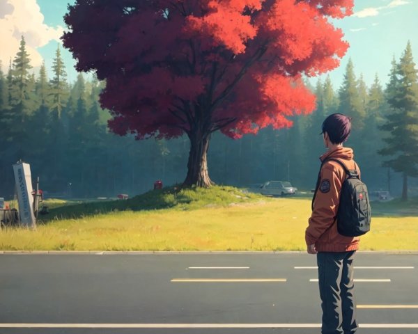 Young person observing a red tree in a green forest