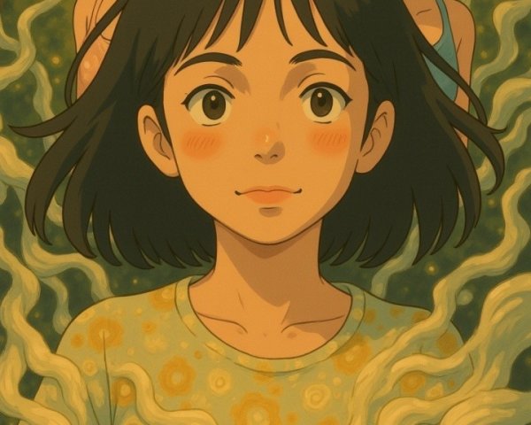 Young girl in floral shirt with two curious boys
