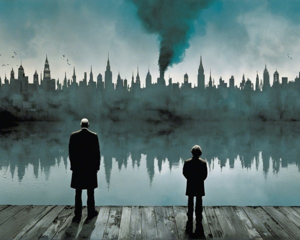 Figures on Platform Overlooking Misty City Skyline