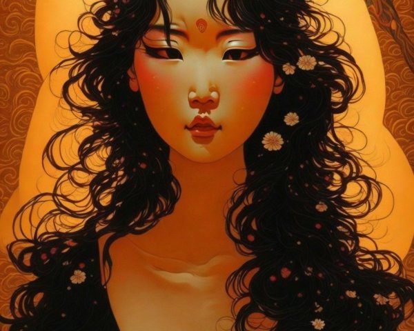 Anime-Style Painting of a Woman with Floral Accents