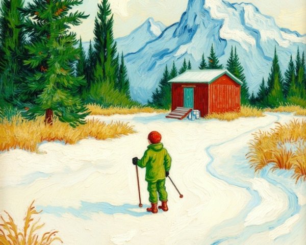 Skier in Green Outfit on Snowy Path with Cabin